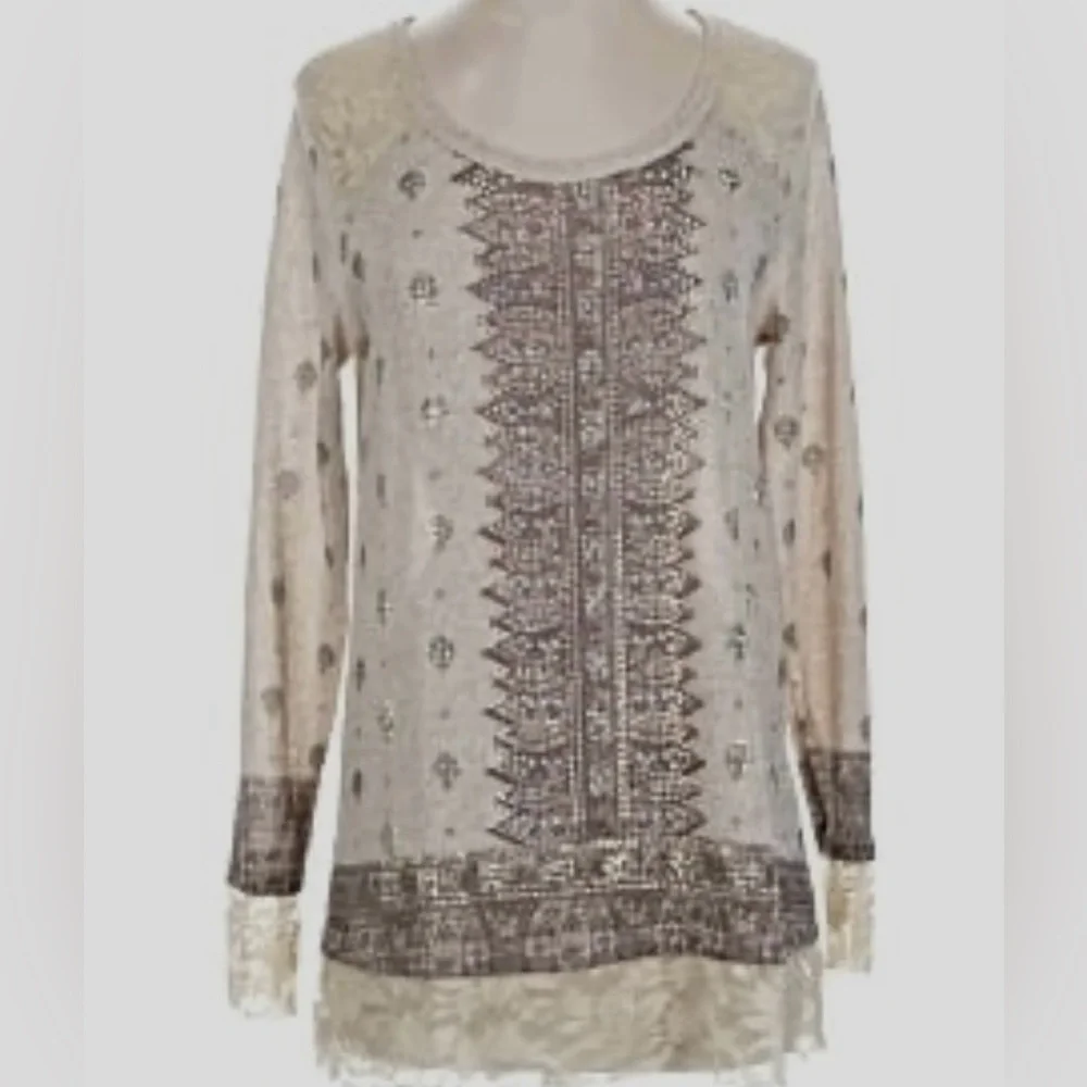Chic Beige Patterned Long Sleeve Women's Top - Picture 1 of 9